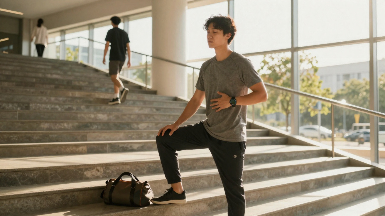 Homem jovem de roupa desportiva estica a perna numa escadaria interior com luz natural.