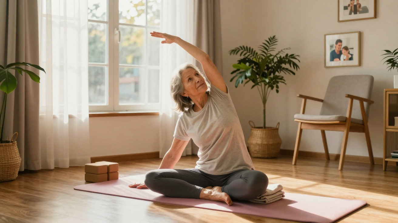 Mulher idosa a fazer alongamentos sentada em tapete de yoga numa sala iluminada e acolhedora.