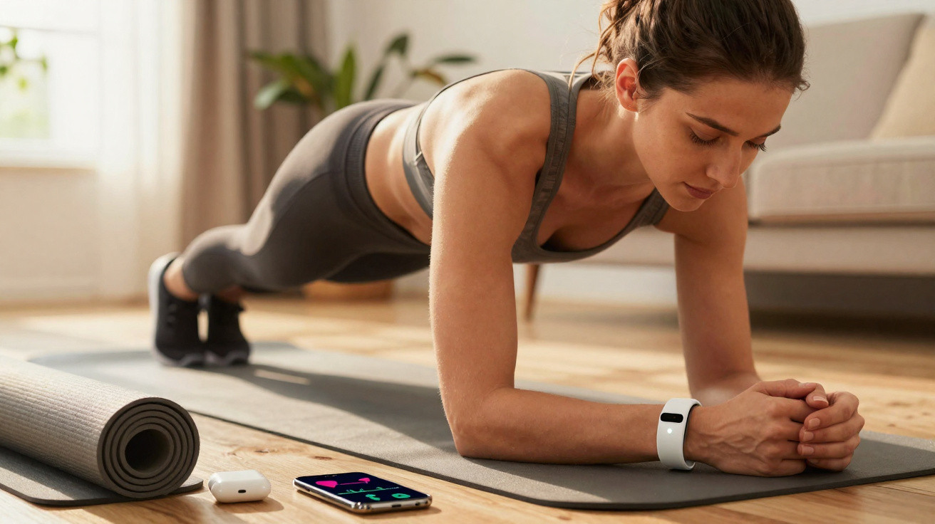 Mulher a fazer prancha numa sala, com tapete de yoga, telemóvel e auscultadores próximos.