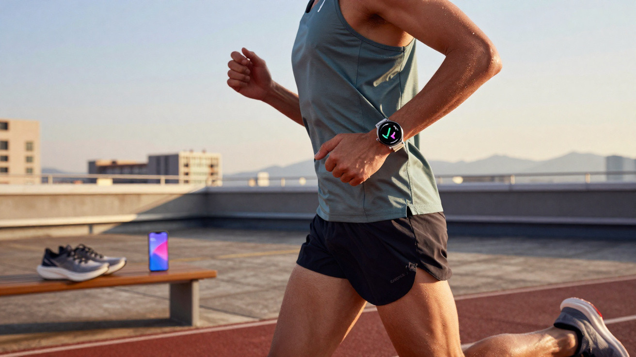 Homem a correr numa pista exterior, equipado com relógio inteligente, ténis e smartphone ao fundo.