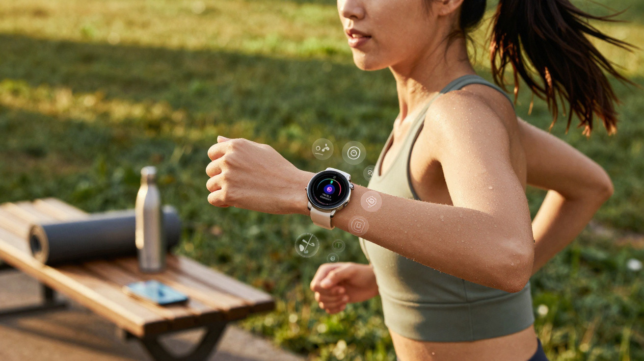 Mulher a correr ao ar livre a usar relógio inteligente com interface digital visível no ecrã.