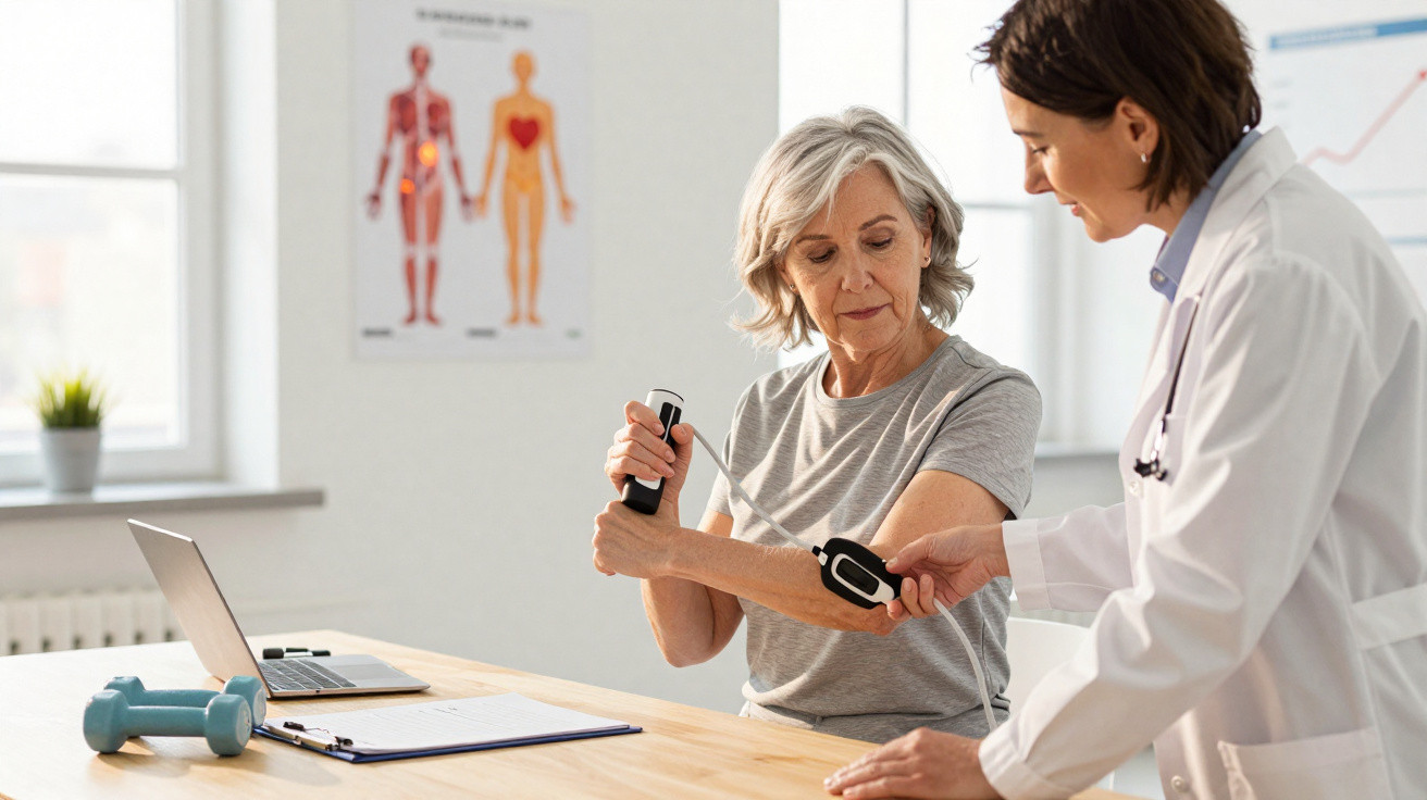 Médica ajuda mulher sénior a usar aparelho de medição de glicose no consultório.