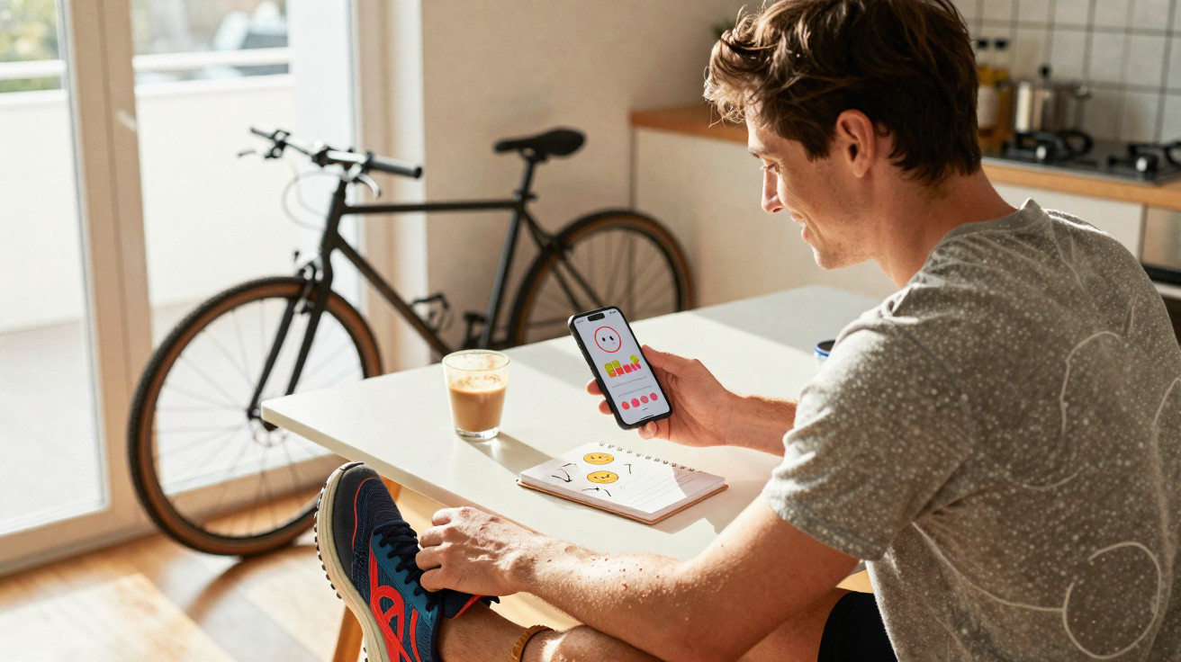 Homem sentado a olhar para telemóvel com app de humor, perto de bicicleta e caderno com desenhos de emojis.